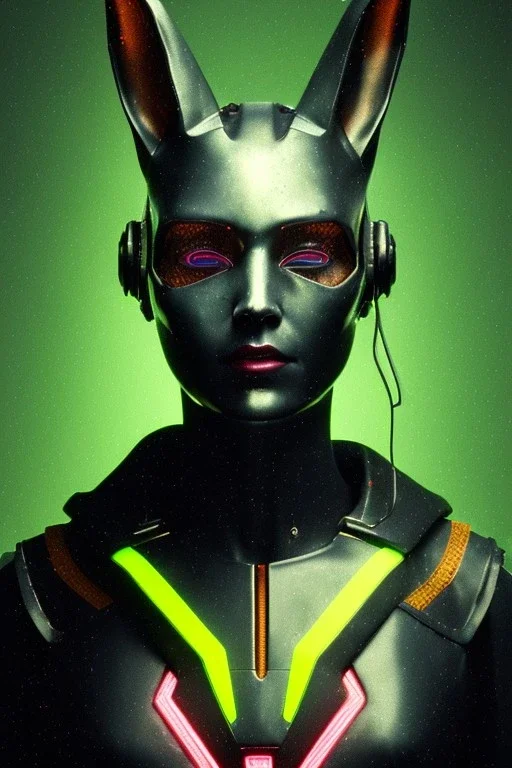 Medium Close Up Portrait, Front image. cyberpunk, rabbit mask, teenager, asian woman, cyber helmet head. Latex dress. Yellow, black, color. Thor style. Neon ornaments, Color background, photo studio. Front image, highly detailed, concept art, smooth, unreal engine 5, ray tracing, RTX, lumen lighting, ultra detail, volumetric lighting, 3d, finely drawn, high definition, high resolution.