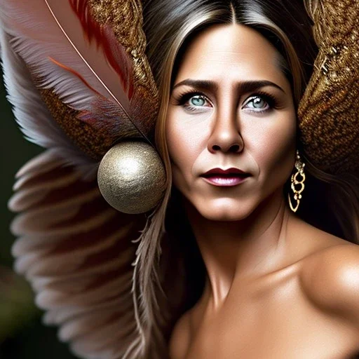 woolitize, Jennifer Aniston, rusty metal, feathers, Dryad, fae, sidhe, ominous, nature, plants, wildflower, facepaint, dnd character portrait, intricate, oil on canvas, masterpiece, expert, insanely detailed, 4k resolution, retroanime style, cute big circular reflective eyes, Pixar render, unreal engine cinematic smooth, intricate detail , soft smooth lighting, soft pastel colors