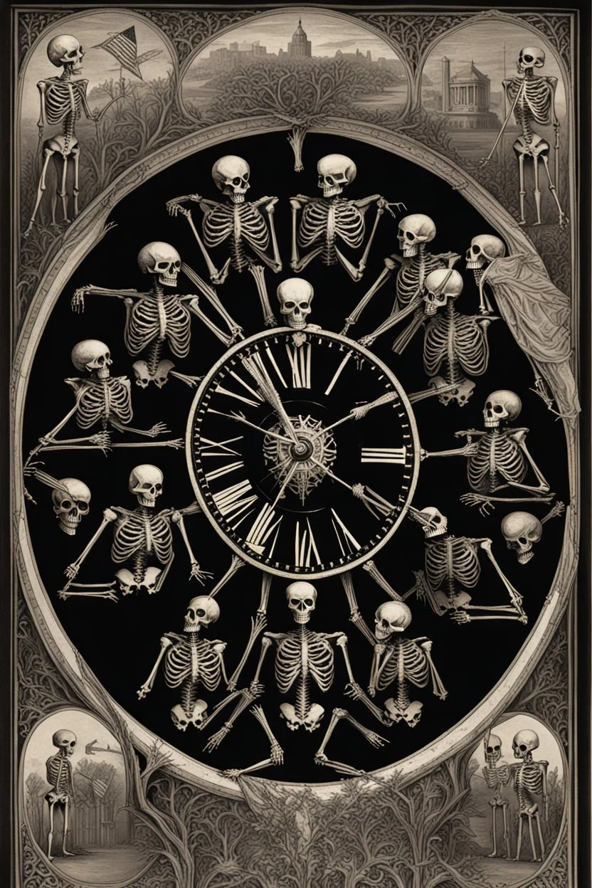 Circle of skeletons dressed in long black clockes