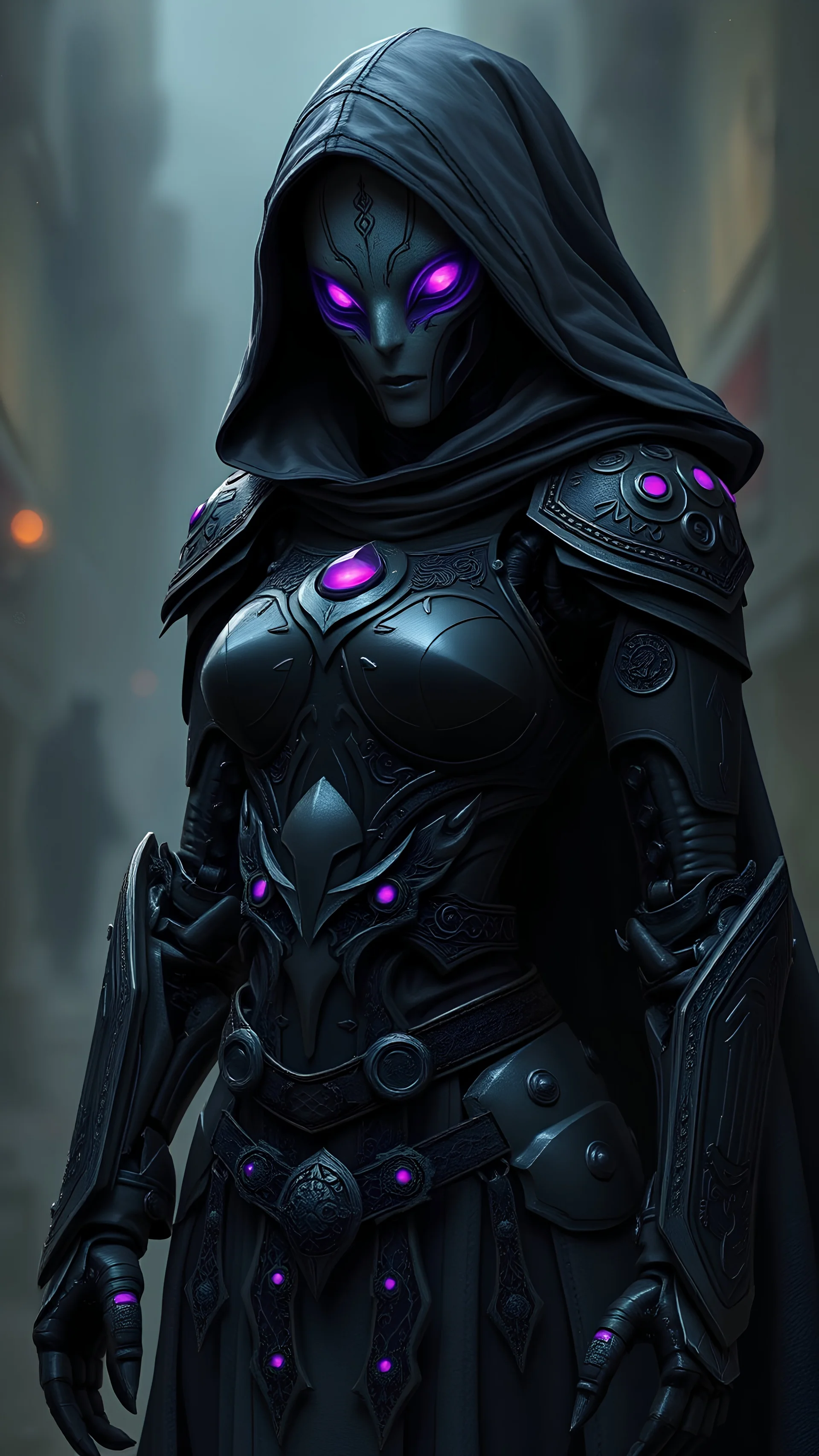 Female Warforged robotic assassin, full body, six slitted glowing purple eyes, cloak, wearing dark black armor covered in runes, medieval style, dungeons and dragons