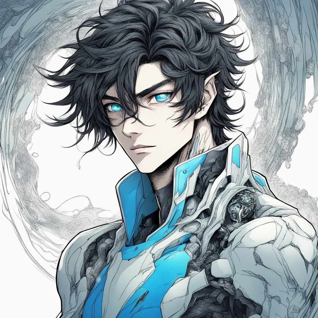 An handsome male alien with messy black hair and blue eyes, colored manga style, intricately detailed