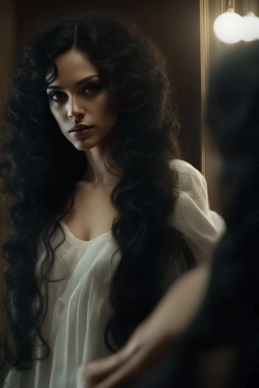 Close up of a beautiful woman with long curly black hair standing in front of a mirror, she doesn't see, but her reflection in the mirror is a dark demon with intense scary eyes looking back at her. Super realistic, 8k high quality