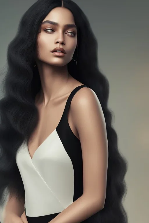 A portrait of a beautiful curvaceous black woman with long black hair, wearing a black dress with a deep v neck, wizard, magical, ethereal, intricate, sharp realistic lighting. Concept art by wlop. Ultra quality 8k.