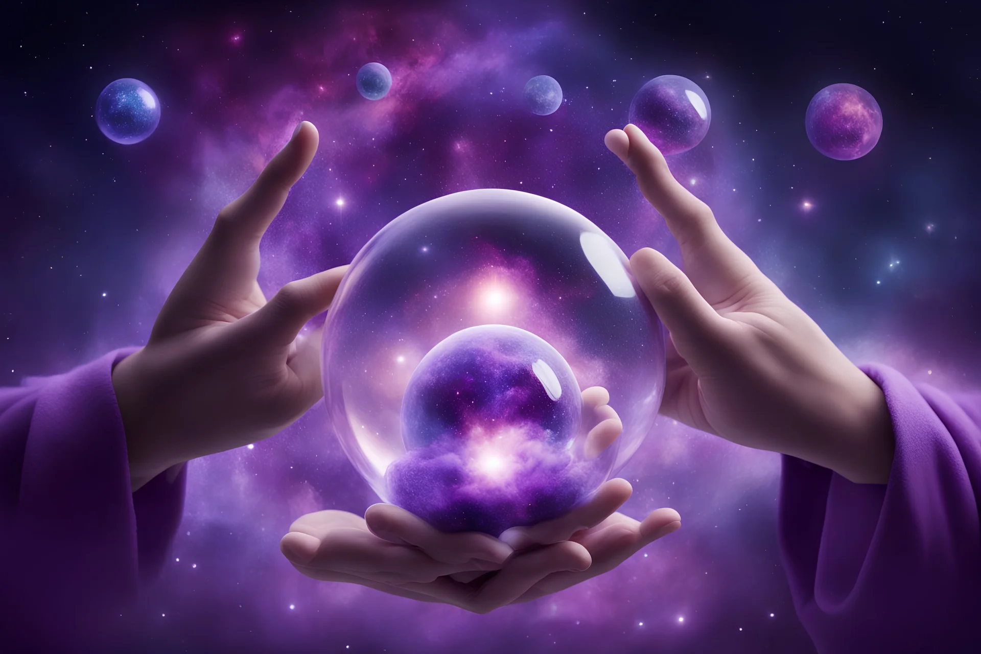 kundalini, connected to the universe, few colours of galaxy, holding galaxies in few hands in glass balls, purple colours