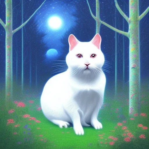 White cat walking in psychedelic forest