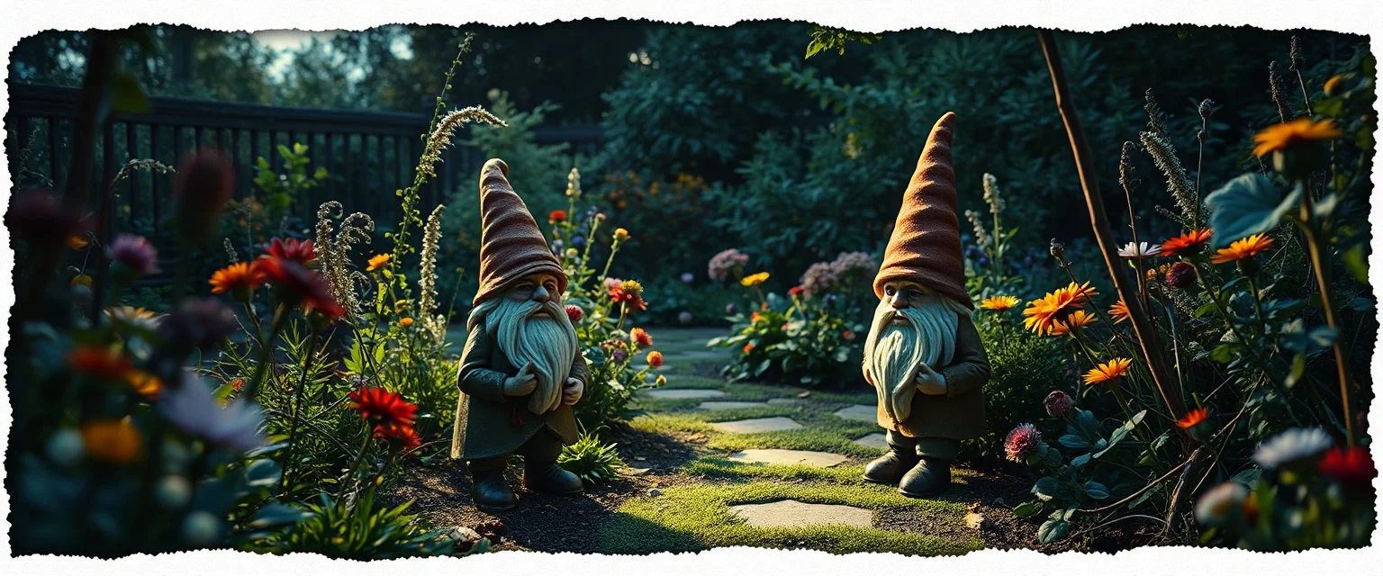 darkest gnome in bright garden , pinhole cam, airbrush 3d rendering, in the style of John Atkinson Grimshaw , torn edges on border