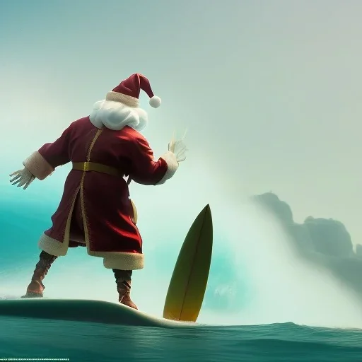 Santa standing of surfboard surfing a big wave, empty hands, beach, character design by cory loftis, fenghua zhong, ryohei hase, ismail inceoglu and ruan jia. unreal engine 5, artistic lighting, highly detailed, photorealistic, fantasy