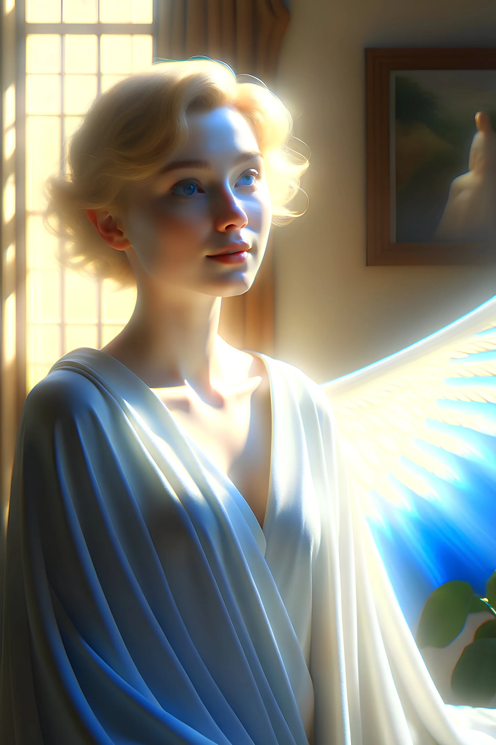 Digital art, high quality, digital masterpiece, natural illumination, sunny day, spotlight, realistic,cgi film style, 3d film style, animated film style, pixar style, beautiful, (full body:3), (1 beautiful angel:3), (pale skin eyes:1.8), (Big blue eyes:1.6), thin body, (whitew robe:1.8),pure tones, white sky, (ona Mountain:3)