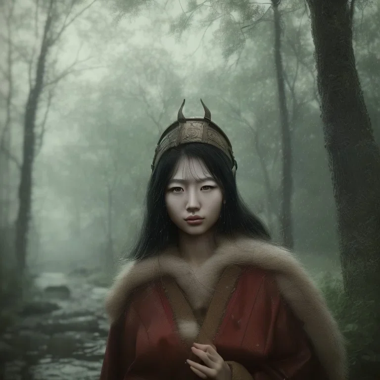 wonderfull japanese woman, big chest, in rain, portrait, viking costume, village, meditation, woods, cyberpunk, 8k quality