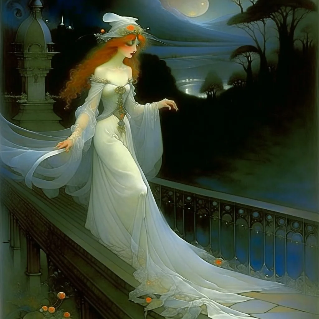 THE GHOST IS STILL DANCING AT NIGHT ON THE OLD COUNTRY BRIDGE. Alphonse Mucha. Leonor Fini