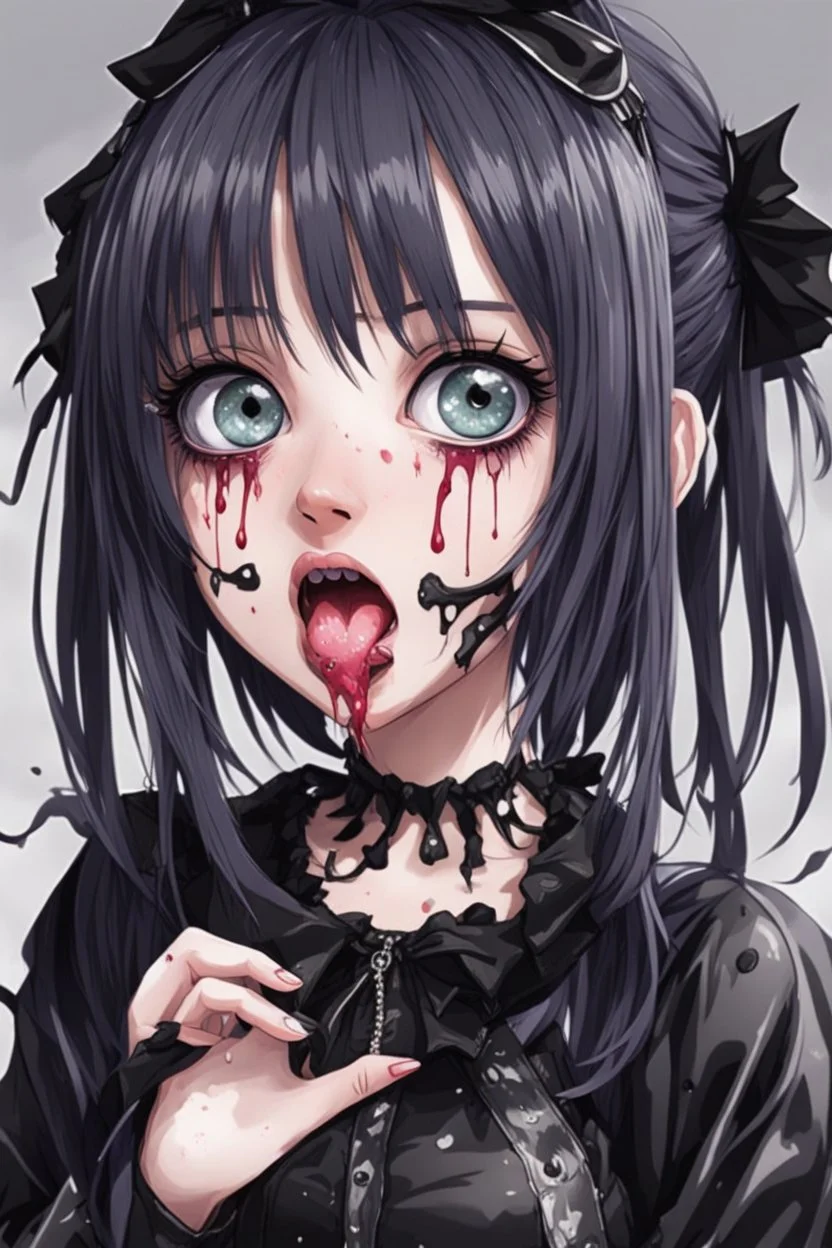 Closeup anime Girl goth with big eyes, fullbody, ragged clothes, slime, the perspective looking down, rolling eyes, tongue out, saliva drip, open mouth,