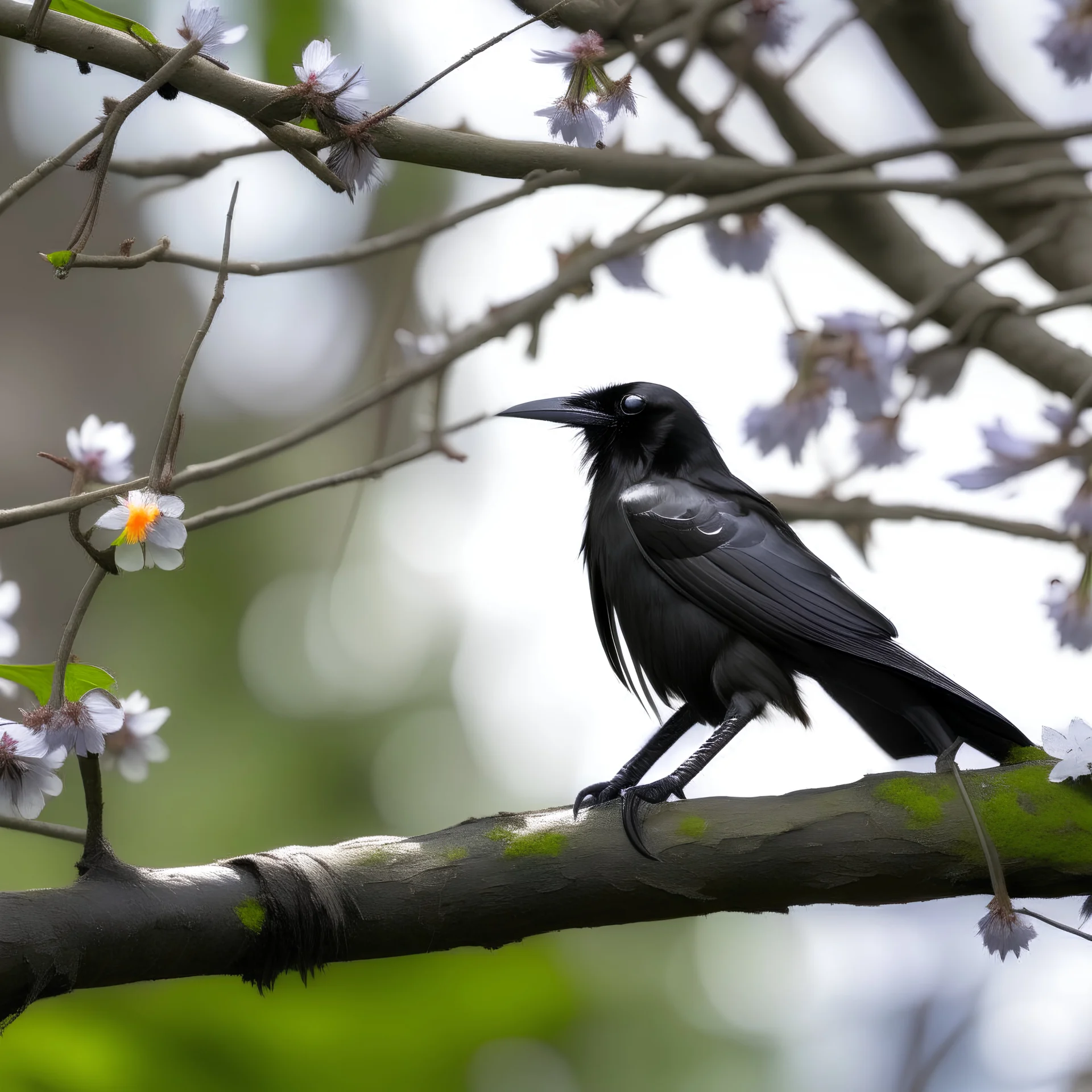 crow on a tree branch with very few flowers