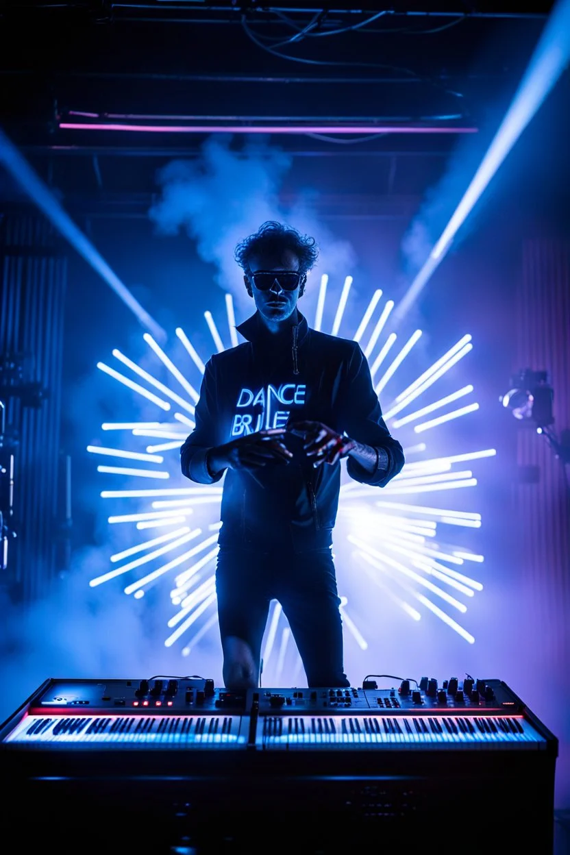 French cool synth player, he is called "Jean-Maurice Brûlée" performing at dance club, his name is "Jean-Maurice Brûlée" , white and blue Neon lights and smog, and "URANIUM" big sign on the wall, he is playing on synthesizers on stage with lot of laser beams and wearing black sunglasses