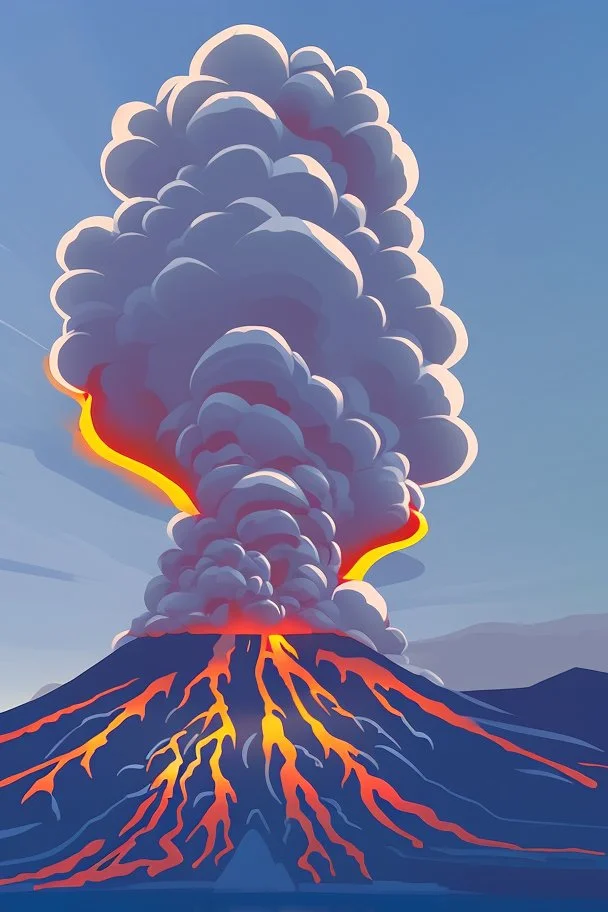 An exploding volcano in animation style.