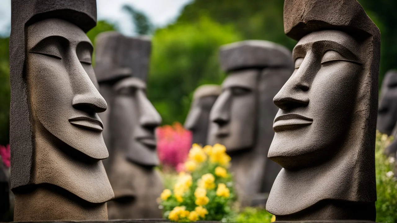 calm beauty, fantasy, magic, splendor, uplifting, inspiring, therapeutic, Easter Island stone statues with faces, springtime, sunlight, chiaroscuro, color, award-winning colour photograph, Nikon 135mm