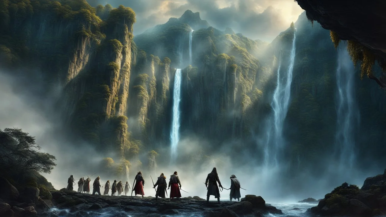 Ancient Zombies falling from the top of a 3.000 feet high waterfall. fantasy setting, horror. exquisite realism, a masterpiece, fantasy concept art, dynamic lighting, hyperdetailed, intricately detailed, deep color, Unreal Engine, volumetric lighting, Epic cinematic brilliant stunning intricate meticulously detailed dramatic atmospheric maximalist digital matte painting