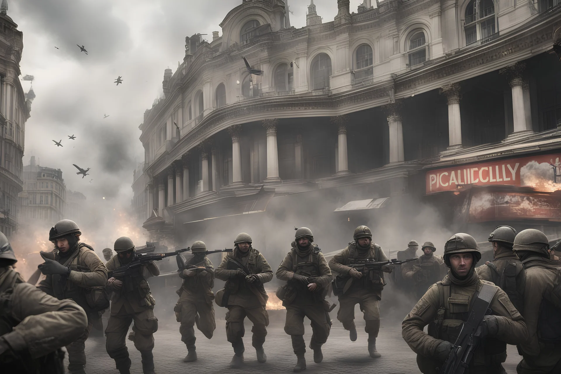 Call of Duty soldiers in battle scene during airplanes bombing Piccadilly Circus