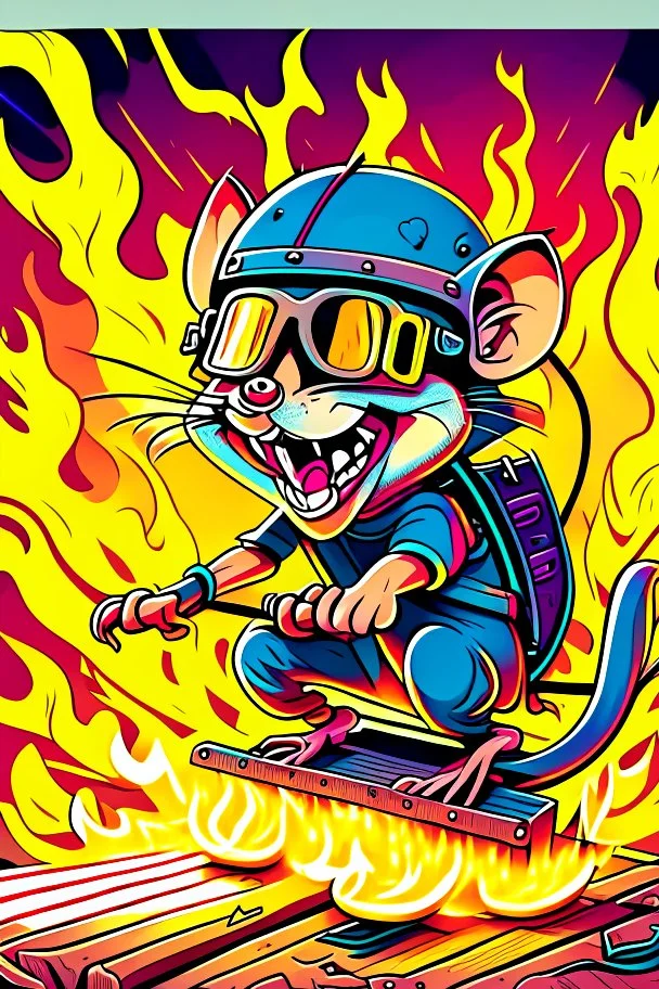 ; a rat on a scate board, with googles and a helmet on ; the rat is laughing; fire coming from the back; cartoon/lineart style, complementary colors