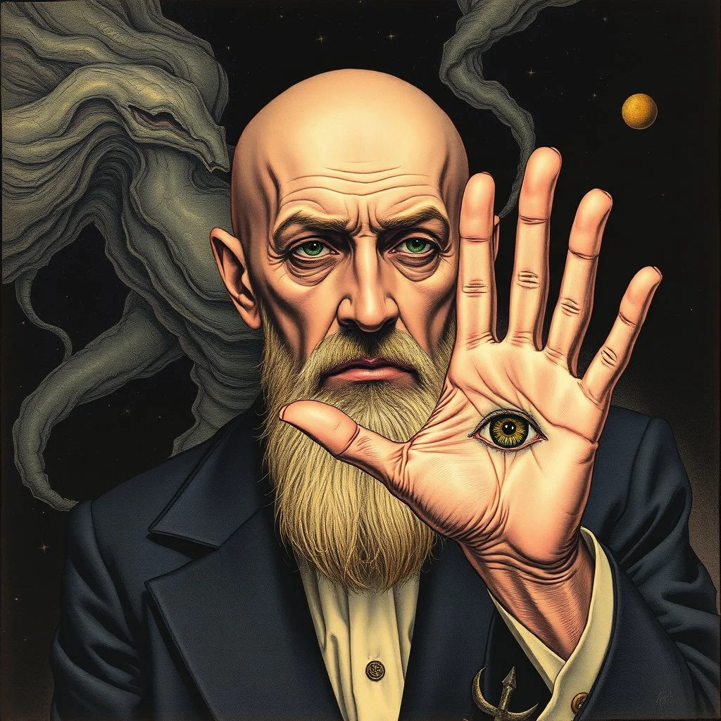 Bald Aleister Crowley holding up hand revealing an eye in his palm, psychedelic illustration, by Dave McKean