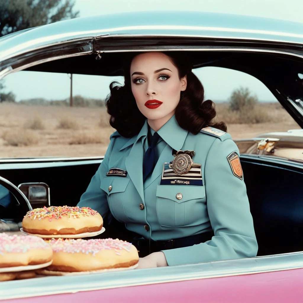 [psychedelic movie by Russ Meyer] Kat Dennings as a policewoman in a car with donuts, vintage 1970's photo