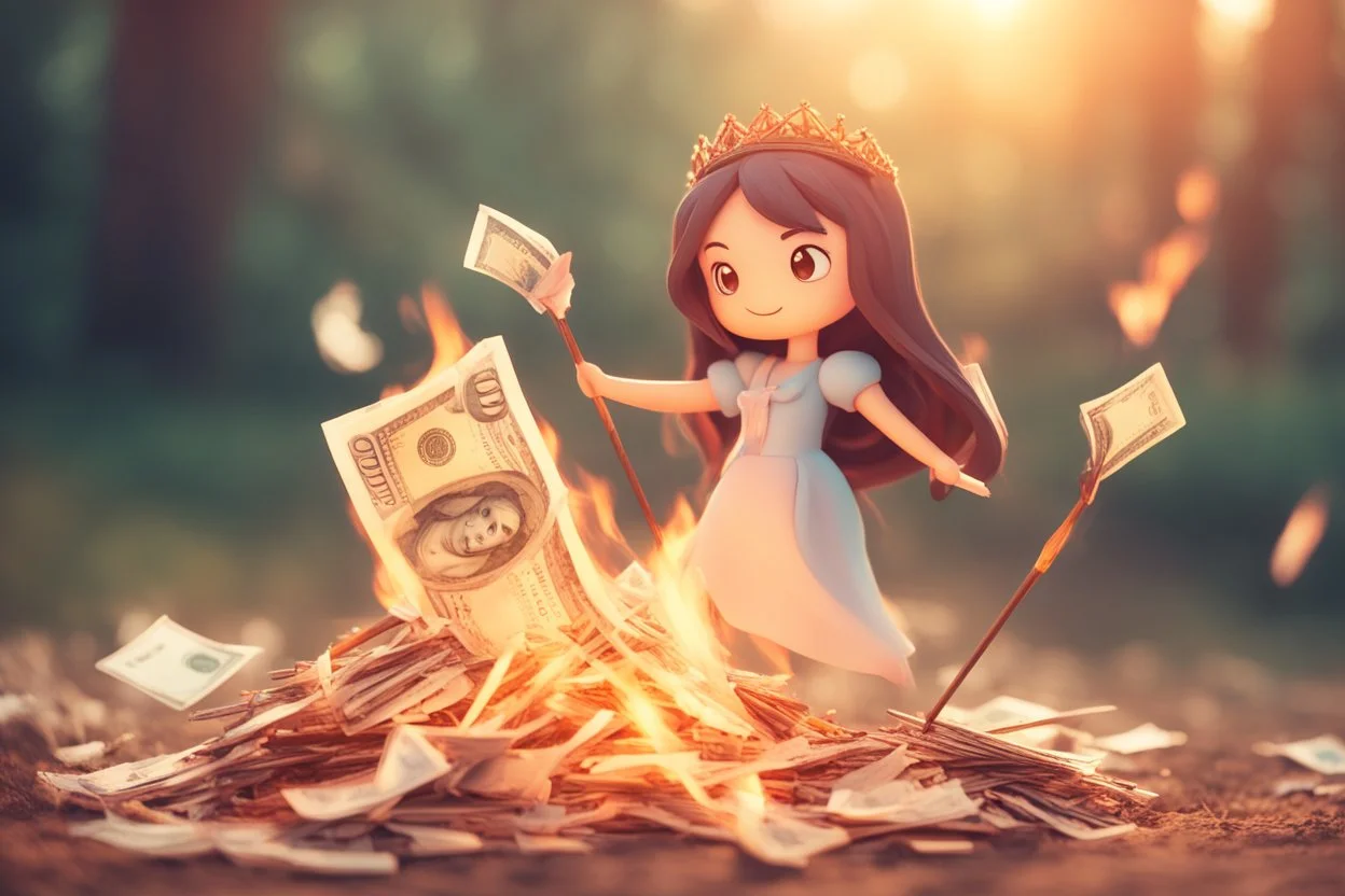 paper money stacks, cute chibi brunette princess desperately throwing a pile of paper money onto a burning bonfire with a pitchfork in sunshine, ethereal, cinematic postprocessing, bokeh, dof