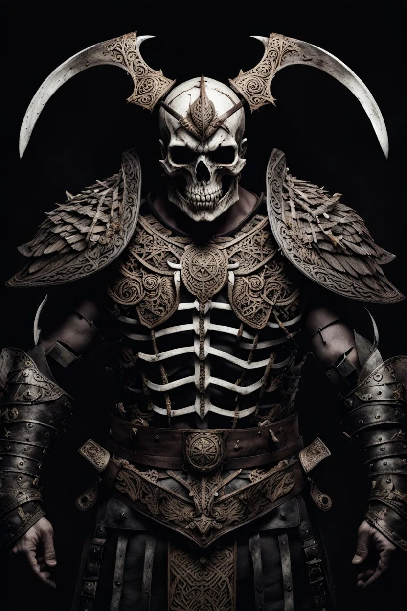 an insane warrior with his chest made of bones. dark horror setting.