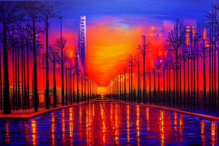 Cyberpunk City, sunset, trees, sci-fi, impressionism painting