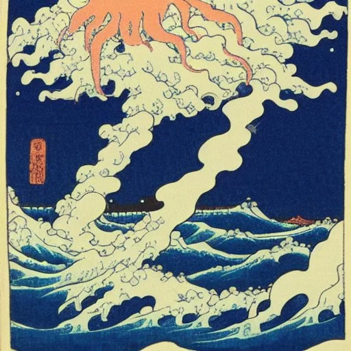 An astronaut floating in space surrounded by a halo of glowing jellyfish, done in the style of Hokusai's The Great Wave off Kanagawa