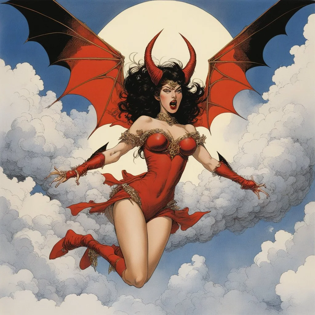 [art by Michael Kaluta] a fleshy skinned alive female devil Flying Winkie Guards shouting to produce ultra-sounds while she flies in the clouds, no dress like a devil