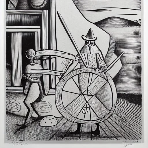 hand drawn in single line by Nicolai Blatter with hatch with parallel wavy lines metal engraving representing the Adventures of Don Quixote de la Mancha in bosch style or salvador dali style