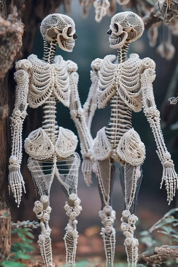 Blurry binary ascii skeleton ghosts dressed in intricately detailed designer suits made from macrame and quilling found in nature. Negative Prompt