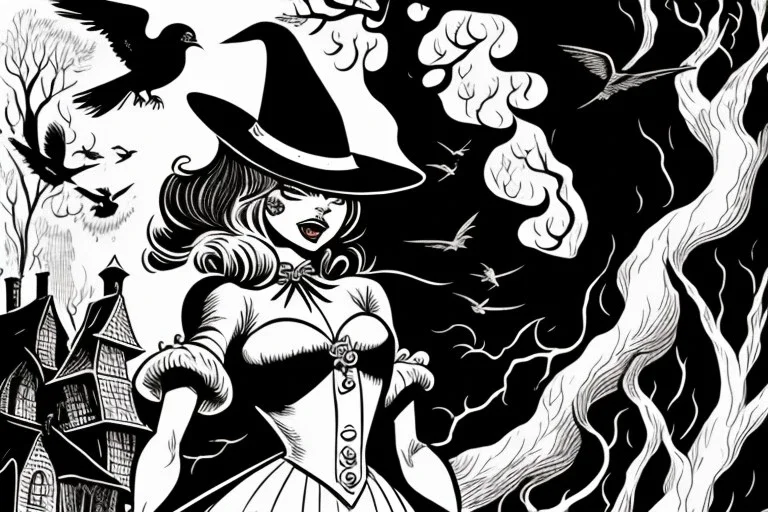 Witch, playing with crows, black cat, perfect iris, ink and pencil, style Carl Barks