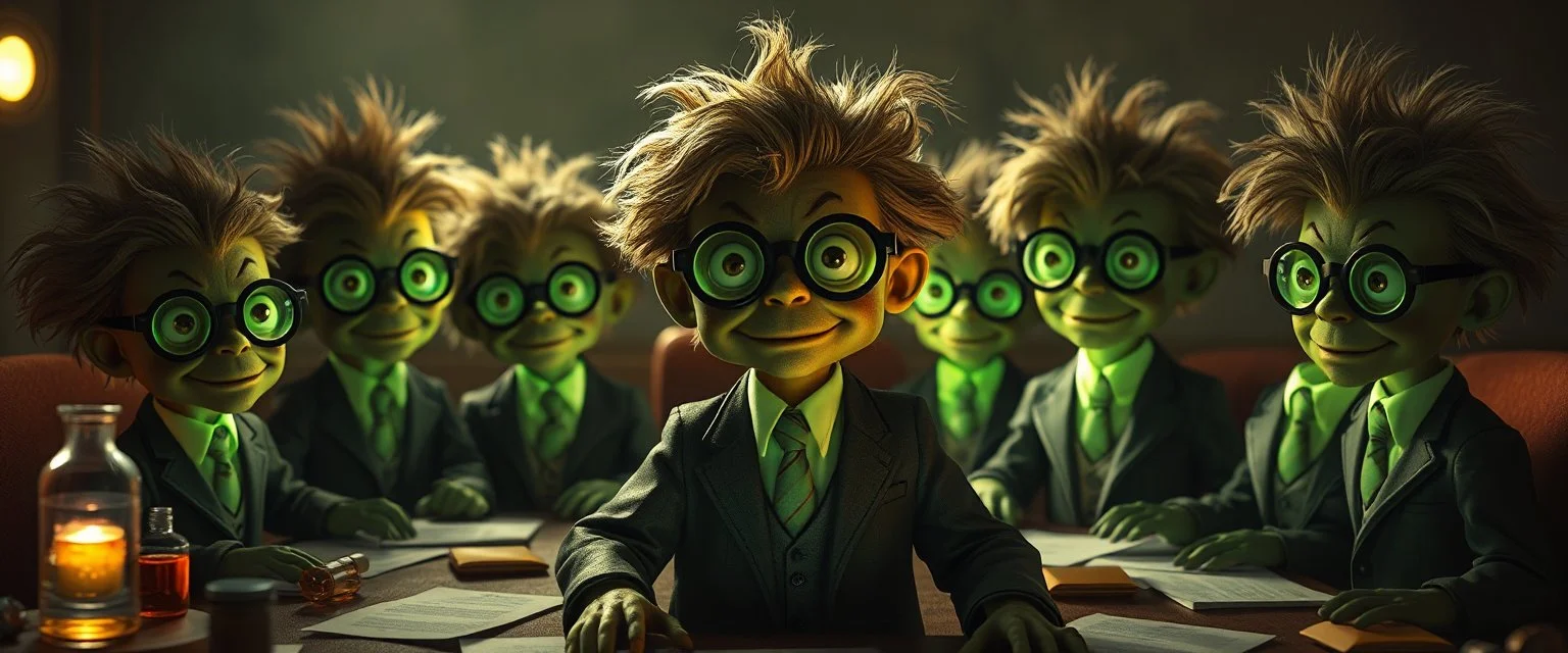 high class realism, the board in the style of fallout 4, A close up portrait of one person in a tiny group of individually mutated with hairy wigs glowing, messed up uranium creatures in a dimly lit boardroom, wearing tiny suits and glasses, with playful but slightly mischievous expressions. Their bodies emit a soft greenish glow. The room is filled with scattered papers, glowing vials, and miniature nuclear reactors. Style: whimsical digital illustration, cinematic lighting, colorful