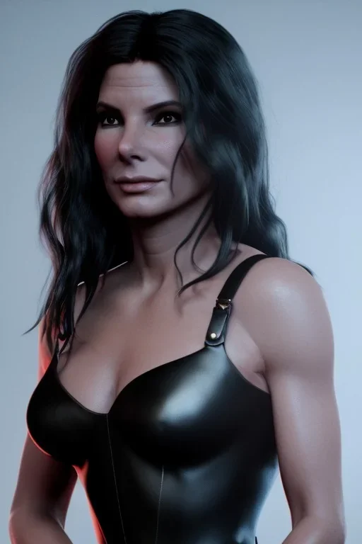 Young Sandra Bullock as evil queen in black leather gown, angry, busty, curvey, cleavage, unreal 5, octane render,cinema4d, dynamic lighting, dramatic lighting, 4k, redshift render, highly detailed, hyper realistic