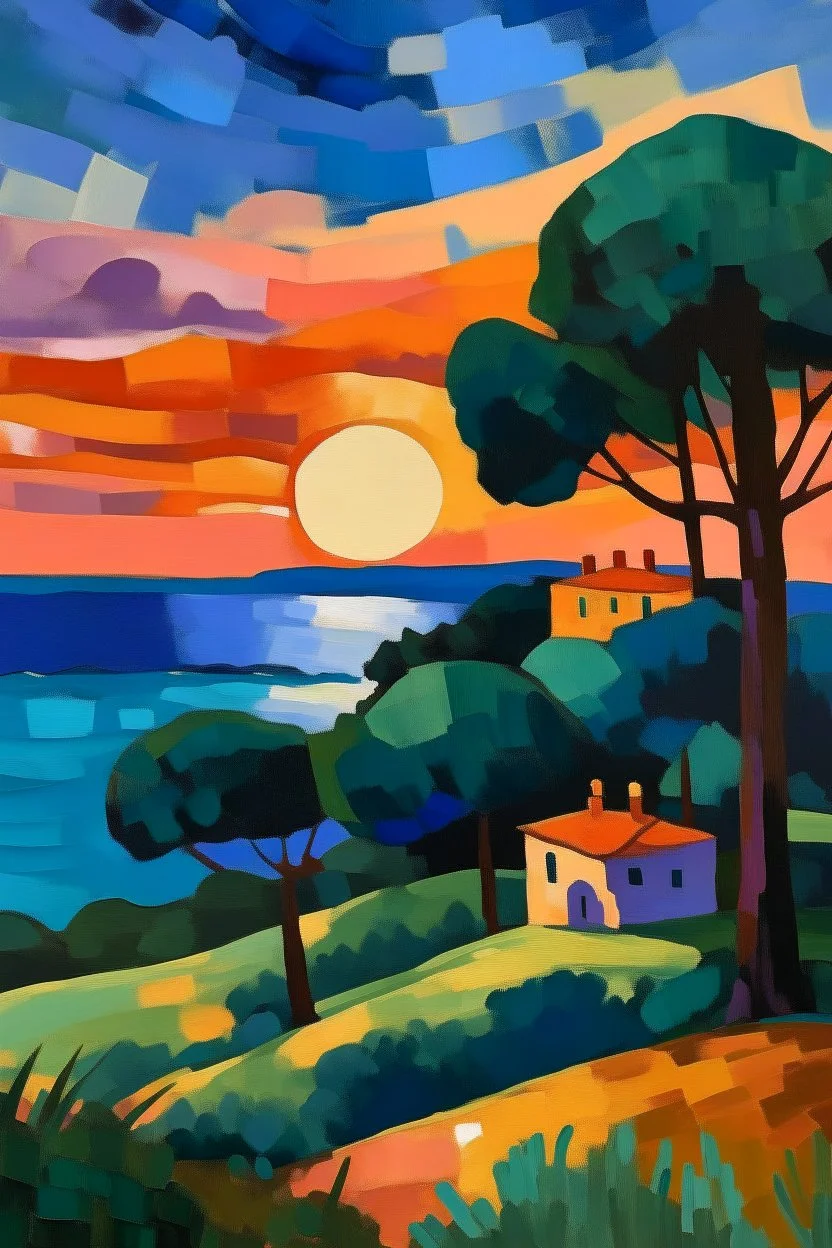 Sunset over south of France in the style of Cezanne