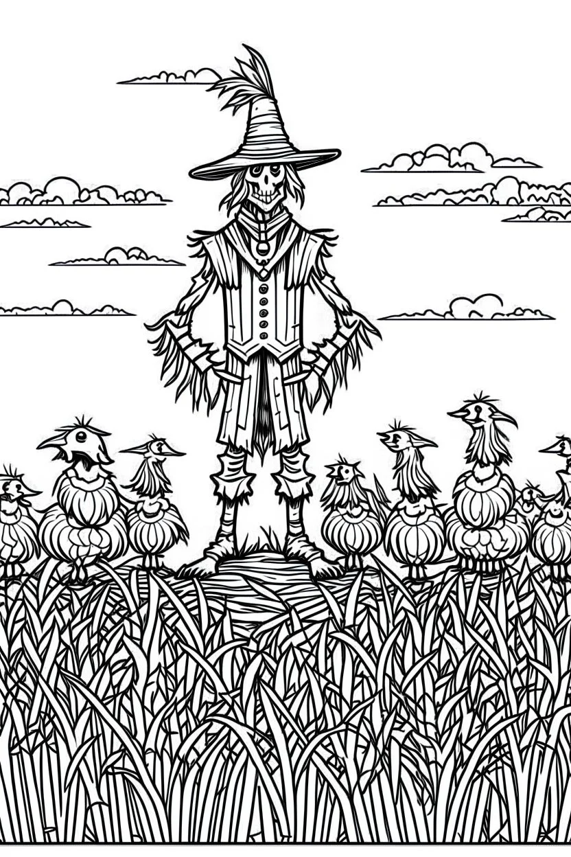 A scarecrow standing in a cornfield, with crows circling overhead. Outline, sketch style, only use outline, mandala style, clean line art, white background, no shadows, no clear wall, coloring page.