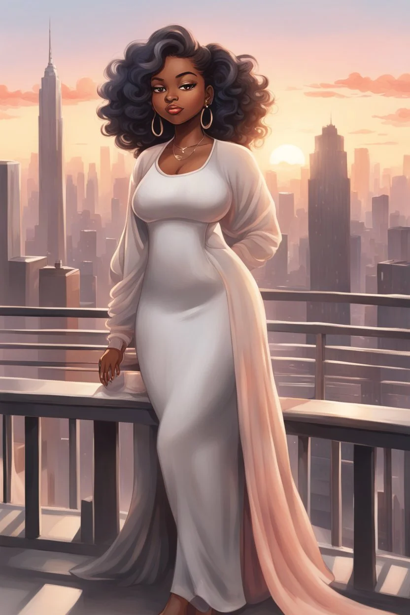 The scene opens onto a serene balcony overlooking a bustling city skyline. The sky above is painted in soft hues of gray and peach as the sun begins its descent, casting a warm glow over everything it touches. In the foreground stands a captivating figure, airbrush chibi cartoon curvy black woman exuding confidence and elegance. She is adorned in a flowing white knit maxi dress that hugs her curves in all the right places, accentuating her silhouette. Her choice of footwear is equally stunning