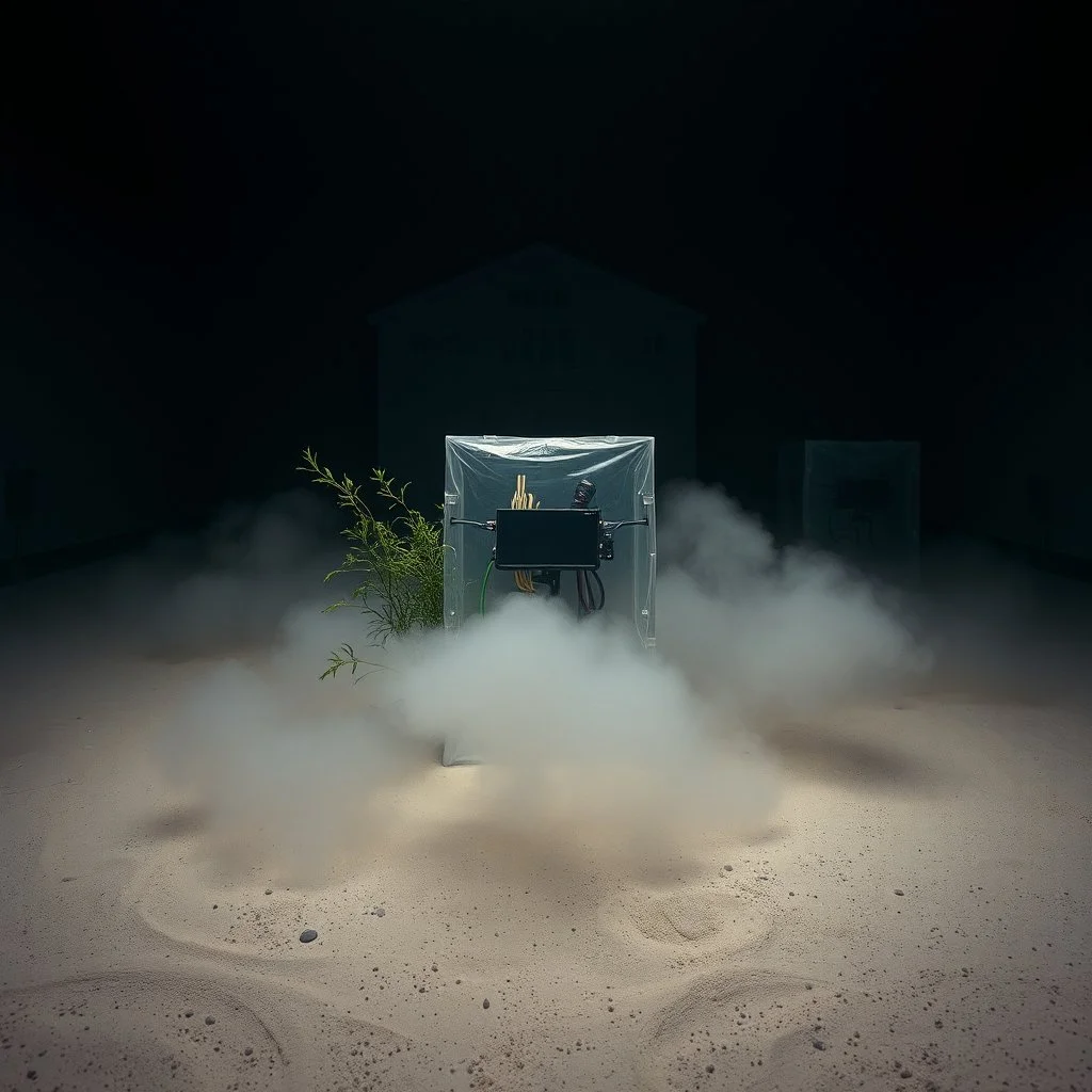 A photo of a closed environment in a dark closed space. In the background there is a bulding. At the center, a structure made of plastic. Some electronical devices. Plants, clouds. The surface below appears to be sandy, with small accumulations of sand. Fog, powder. In the background, other forms or structures are visible, some of which are thin and transparent. The photo was taken with a Hasselblad H6D 400c camera.