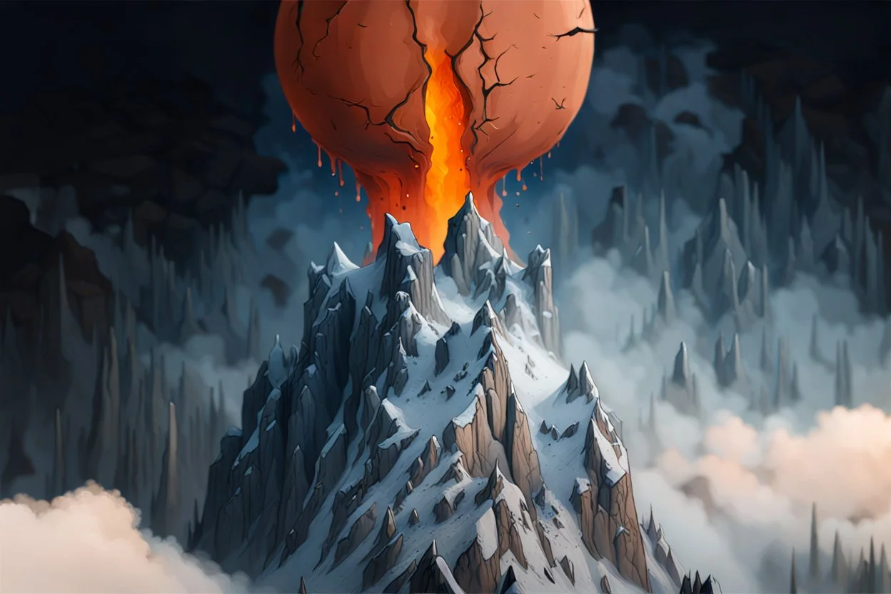 a single mountain rises out of a misty foreground shrouded in mist. The top peak of the mountain sticks into a big broken cracked destroyed shattered sphere. cinematic lighting, artstation, grim mood, looking up camera angle