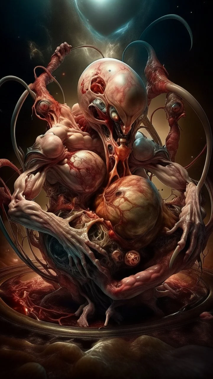 cinematic gore Bosch versus Dali style photorealistic fleshy vortex dmt lsd photo of 2 conjoined mangled insectoid embryonic bodies making love, 1 soul vortex, complementary, anatomically fragmented, ripped apart again being flayed, skinned alive. A beating heart, muscles, blood vessels, bowels, entrails are exposed. Visceral anatomy. physiology. Bosch and Dali inspired hallucinations. mythology. grotesque.