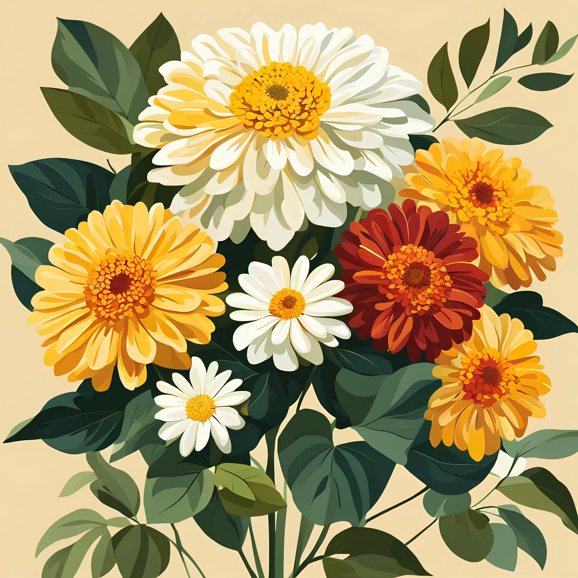 Vector illustration, Flat illustration, Illustration, Bunch of large zinnias, oil painting, Georgia O'Keeffe style, shades of yellow-white color, (((Earthy and natural color palette)))