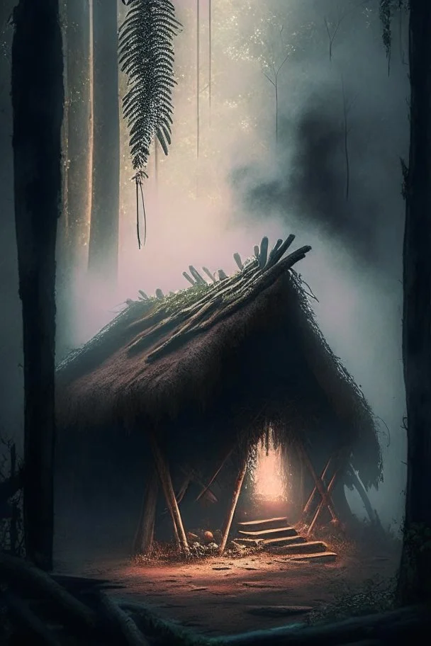 happy primitive hut in the shadows of the forest, depth of field, old photography, mist, smoke, artstation