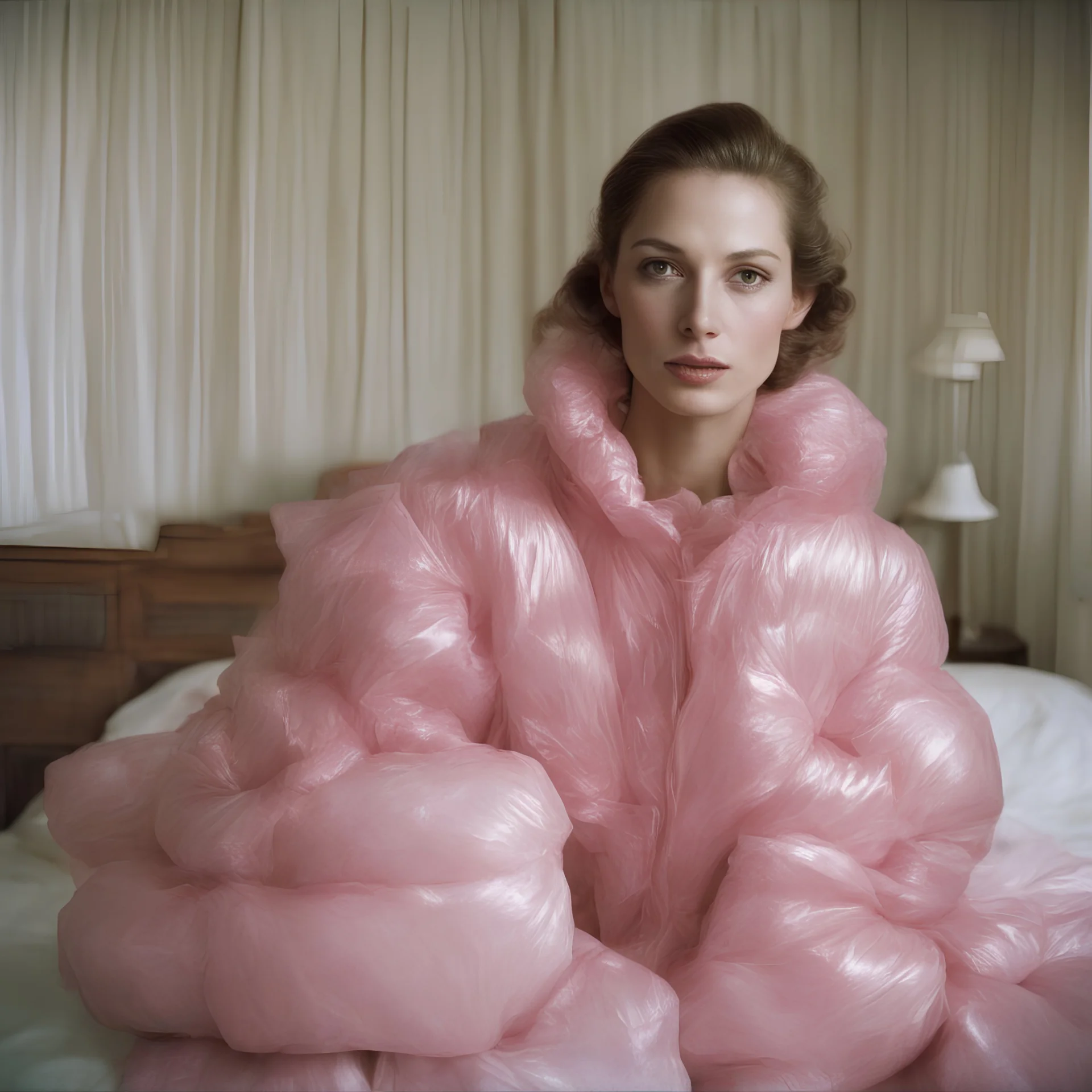 Fashion Model christy turlington,,autochrome, pink plastic puffy jacket, in a bedroom