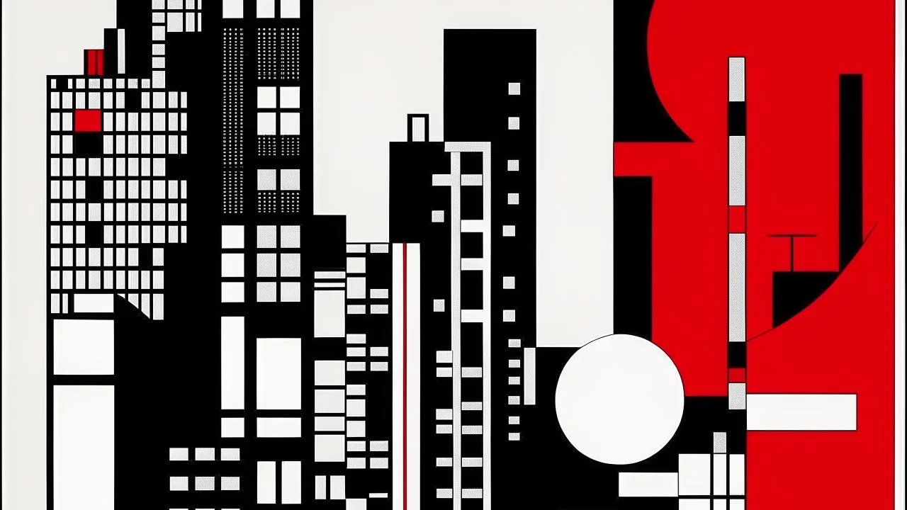 A minimalist and geometric illustration by Malevich and Kuniyoshi of a black and white city with an anarchist red and back flag.