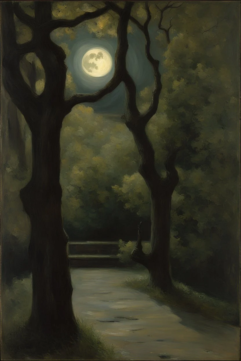 Night, tree leaves, moon, rocks, clouds, creepy gothic movies influence, horror, gustave caillebotte, alfred stevens, and anna boch impressionism paintings