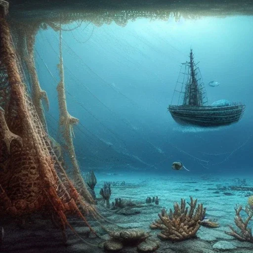 a hyper-realistic sunken ship on ocean floor, abandoned, fish and corals, 8k, high-quality, fine-detail, intricate, sharp, crisp, digital art, detailed matte, illustration, octane render, brian froud, howard lyon, Anne Dittman, Anne Stokes, Lisa Parker, Selina French