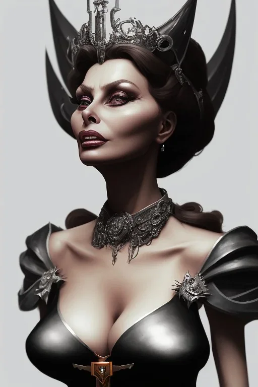 Sophia Loren as evil queen in black leather, cleavage, dominatrix, angry, stern look. character design by cory loftis, fenghua zhong, ryohei hase, ismail inceoglu and ruan jia. unreal engine 5, artistic lighting, highly detailed, photorealistic, fantasy