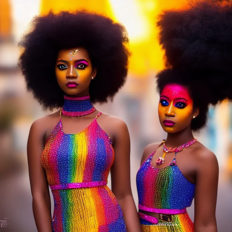 full body shot, masterpiece, best quality, family of three, black skinned, sparkling eyes, fluorescent skin, colorful makeup, afro, highly detailed body, afrofuturism, scifi, sun light, 4K, RAW, depth of field, high contrast, realistic details, 24mm