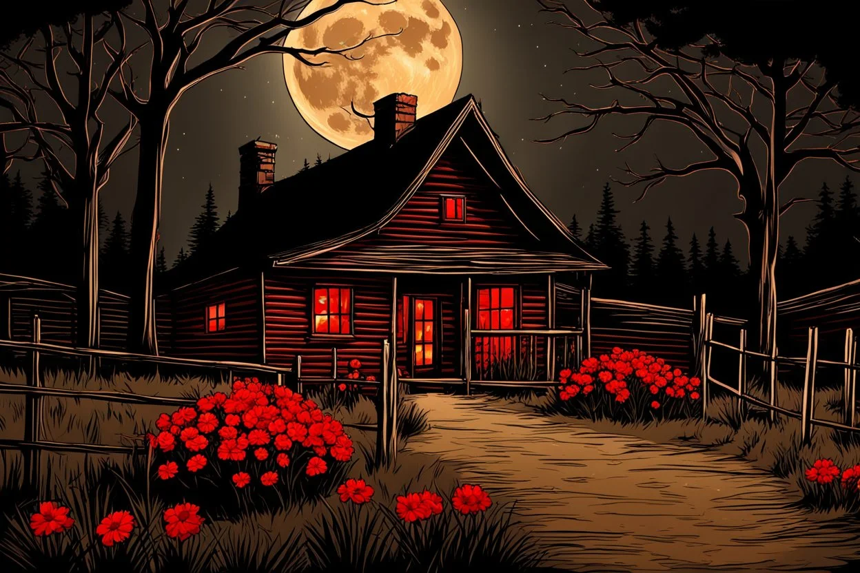 Dry trees, night, full moon, cabin, yard with red flowers, fence, background pc