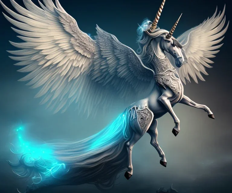 unicorn glowing wings, shadow, surreal fantasy art, highly detailed, intricate patterns on wings, soft studio lighting, smooth dark blue background 64k